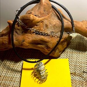 Black Leather Necklace with Silver Wire Wrapped white howlight stone